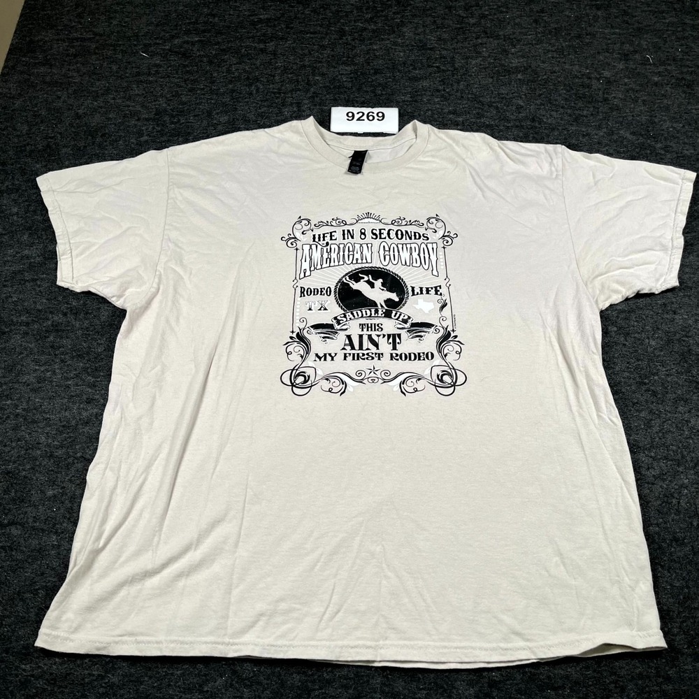 Gildan T Shirt Mens 2XL Beige‎ American Cowboy Rodeo Graphic Cotton Crew Neck